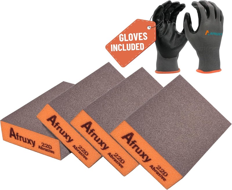 Afruxy 4-Pack 220 Grit Sanding Sponges with Work Gloves Men – Reusable Dry & Wet Sanding Blocks for Wood, Drywall, Metal – Super High-Density Sandpaper Blocks for Furniture & Automotive Projects - Image 1